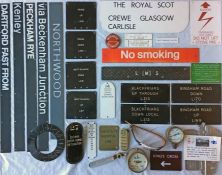 Box of railway (mainly) & Underground small SIGNS, PLATES, GAUGES etc. Includes an LMS signal-box