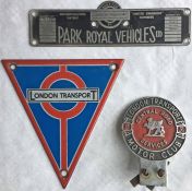 London Transport Routemaster BODYBUILDER'S PLATE 'Park Royal Vehicles' plus an RT-type bus enamel