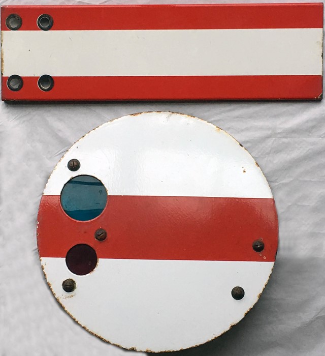 Pair of railway enamel SHUNT SIGNALS, the first a disc-type, 15" (38cm) diameter, with lenses and