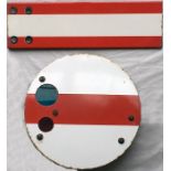 Pair of railway enamel SHUNT SIGNALS, the first a disc-type, 15" (38cm) diameter, with lenses and