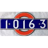 London Underground enamel STOCK-NUMBER PLATE from 1938-Tube Stock Driving Motor Car 10163. These