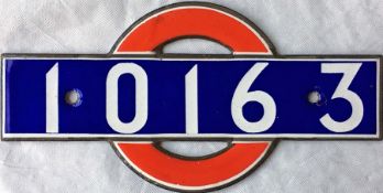 London Underground enamel STOCK-NUMBER PLATE from 1938-Tube Stock Driving Motor Car 10163. These
