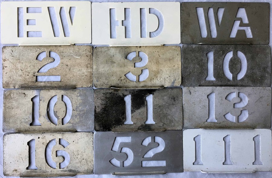 Selection of London Transport bus garage allocation and running number STENCIL PLATES comprising