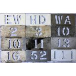Selection of London Transport bus garage allocation and running number STENCIL PLATES comprising