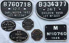 Selection of railway cast-iron WAGON PLATES dated between 1942 and 1983. A variety of shapes and
