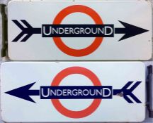 1950s London Transport ENAMEL SIGN 'UndergrounD' with a two-flighted arrow piercing the LT bullseye.