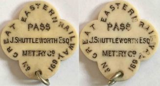 Early Great Eastern Railway ivorite PASS MEDALLION no 169 issued to 'J Shuttleworth Esq, Met Ry Co'.