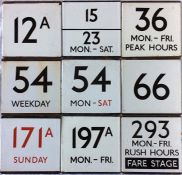 Selection of London Transport bus stop enamel E-PLATES comprising 12A, 15/23 Mon-Sat, 36 Mon-Fri