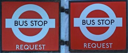 1940s London Transport enamel BUS STOP FLAG 'Request'. A double-sided sign comprising two plates