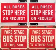 Pair of enamel BUS STOP FLAGS, the first 'All Buses Stop Here on Request' and the other 'Fare Stage,