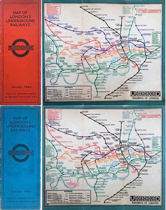 Pair of c1931-issue 'Stingemore' London Underground linen-card POCKET MAPS, one with a red cover,