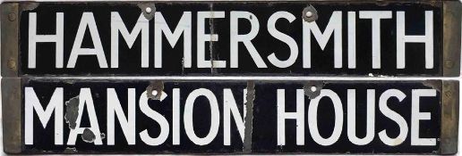 London Underground enamel Q-Stock CAB DESTINATION PLATE 'Hammersmith / Mansion House' from the