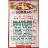 1937 Ribble Motor Services double-crown POSTER for 'Luxury Extended Holiday Tours' to various UK