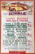 1937 Ribble Motor Services double-crown POSTER for 'Luxury Extended Holiday Tours' to various UK