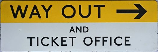 1960s/70s London Underground ENAMEL SIGN 'Way Out and Ticket Office' with directional arrow. A