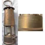Eccles Type 6 brass MINERS' SAFETY LAMP presented to London Buses in 1989. Inscription reads: 'To