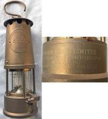 Eccles Type 6 brass MINERS' SAFETY LAMP presented to London Buses in 1989. Inscription reads: 'To