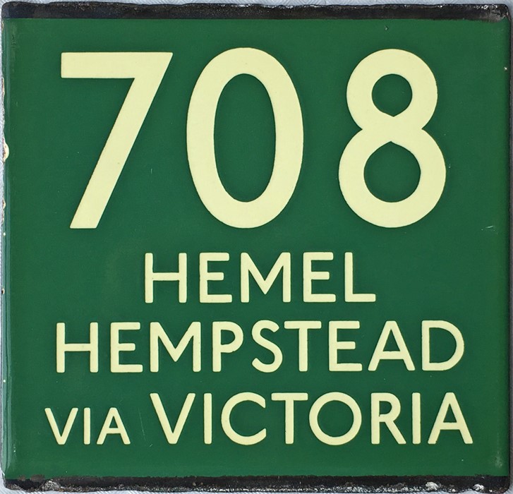 London Transport coach stop enamel E-PLATE for Green Line route 708 destinated Hemel Hempstead via