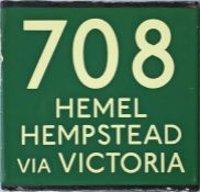 London Transport coach stop enamel E-PLATE for Green Line route 708 destinated Hemel Hempstead via