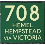 London Transport coach stop enamel E-PLATE for Green Line route 708 destinated Hemel Hempstead via