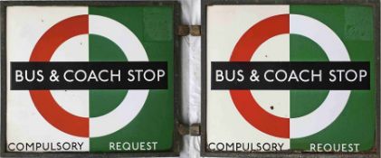 1940s/50s London Transport enamel BUS & COACH STOP FLAG 'Bus Compulsory, Coach Request'. Double-