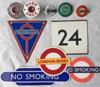 Quantity of London Transport etc PLATES, CAP BADGES, BELL-PUSHES & STICKERS including one chrome and