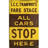 LCC Tramways ENAMEL STOP FLAG 'LCC Tramways - Fare Stage - All Cars Stop Here'. Made by Franco