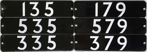 Two sets of London Underground 1973 Tube Stock enamel STOCK-NUMBER PLATES from 3-car units: 135, 535