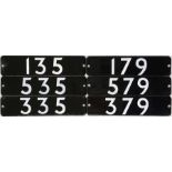 Two sets of London Underground 1973 Tube Stock enamel STOCK-NUMBER PLATES from 3-car units: 135, 535