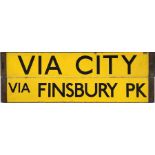 London Underground Standard Tube Stock CAB DESTINATION PLATE 'via City / via Finsbury Park' in black