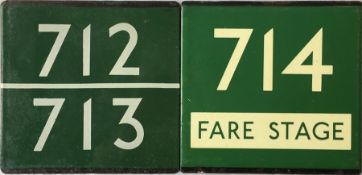Pair of London Transport coach stop enamel E-PLATES comprising 712/713 split and 714 'Fare Stage'.
