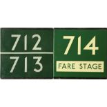 Pair of London Transport coach stop enamel E-PLATES comprising 712/713 split and 714 'Fare Stage'.