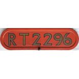 London Transport RT bus BONNET FLEETNUMBER PLATE from RT 2296. The original bus to carry this number