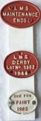 Selection (3) of cast-iron WAGON ETC PLATES comprising 'LMS Maintenance Ends', 'LMS Derby, Lot No