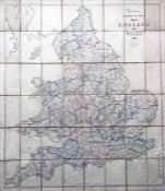 1860 Stanford's Railway & Road MAP of England & Wales. Linen-backed, in colour and opens out to