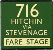 London Transport coach stop enamel E-PLATE for Green Line route 716 destinated Hitchin via Stevenage
