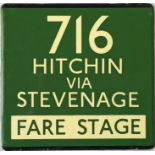 London Transport coach stop enamel E-PLATE for Green Line route 716 destinated Hitchin via Stevenage