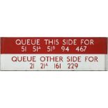 London Transport bus stop enamel Q-PLATE reading 'Queue this side for 51, 51A, 51B, 94, 467' and '