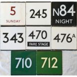 Quantity (8) of London Transport bus and coach stop enamel E-PLATES comprising 5 Sunday (in red),
