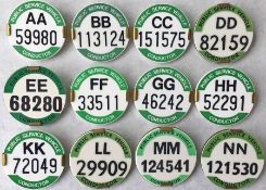 Complete set (12) of bus conductors' PSV BADGES, one for each traffic area. All are in excellent