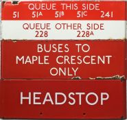 Selection (3) of London Transport bus stop enamel Q/G-PLATES comprising 'Queue this side for 51,