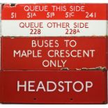 Selection (3) of London Transport bus stop enamel Q/G-PLATES comprising 'Queue this side for 51,