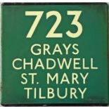 London Transport coach stop enamel E-PLATE for Green Line route 723 destinated Grays, Chadwell St