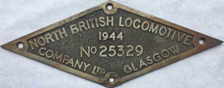 1944 North British Locomotive Co brass LOCOMOTIVE WORKSPLATE (maker's plate) no 25329 which was