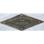 1944 North British Locomotive Co brass LOCOMOTIVE WORKSPLATE (maker's plate) no 25329 which was