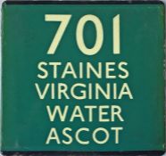 London Transport coach stop enamel E-PLATE for Green Line route 701 destinated Staines, Virginia
