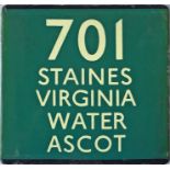 London Transport coach stop enamel E-PLATE for Green Line route 701 destinated Staines, Virginia