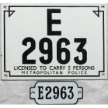 Matching pair of London Taxi enamel LICENCE PLATES 'E 2963' from the 1990s E-series. The first