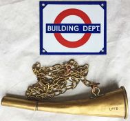 London Underground permanent way brass GANGER'S WARNING HORN marked 'LPTB', probably 1930s. Measures