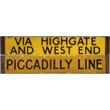 London Underground Standard or 1938 Tube Stock enamel CAB DESTINATION PLATE 'via Highgate and West